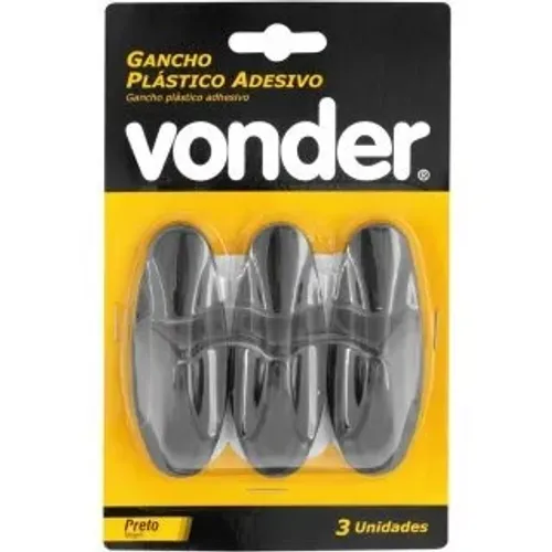 Gancho Plástico Adesivo Preto Com 3 Peças Vonder