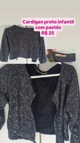Cartigan infantil preto com paetes - veste 12 anos