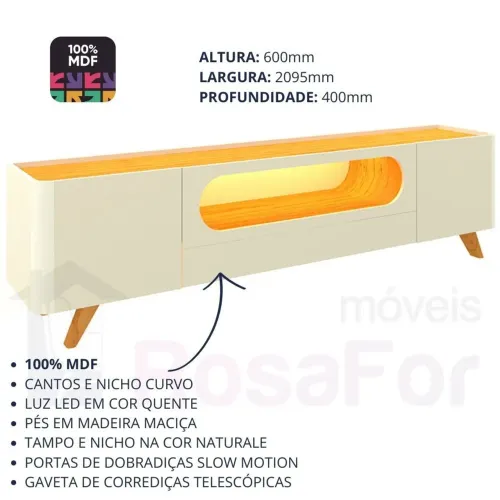 Rack luxo Nobre 2.10m luz led 100% mdf suporta TV até 70 polegadas 
