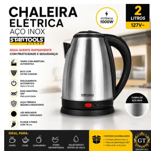 Chaleira Elétrica 2L Startools - Aquecimento Rápido, Base Giratória e Segurança Automática