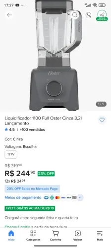 Liquidificador Oster Full 1100W 3,2L Cinza