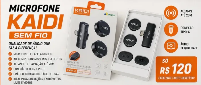 ? Microfone Kaidi Sem Fio 2 Transmissores + Receptor USB-C/Tipo-C - Excelente Est