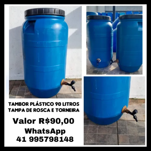Bombona 90 litros, tambor com flange e torneira de plástico, lavada, continha alimentos