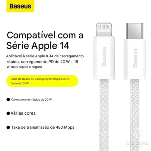 Cabo Baseus PD 20w Tipo C para Lighting iPhone do 8 ao 14 Trançado Branco 1 Metro