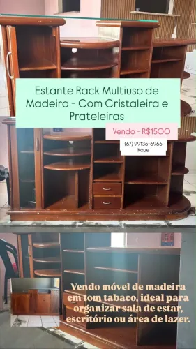 Estante Rack Multiuso de Madeira - Cristaleira e prateleiros incluso