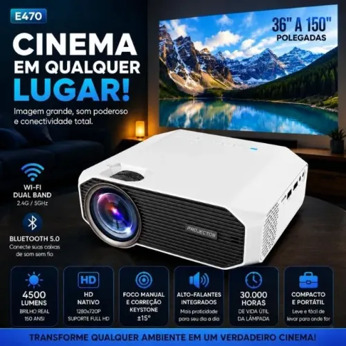 Projetor Portátil E470 HD Nativo 4500 Lumens, Wi-Fi Dual Band, Bluetooth 5.0 e Tela de até
