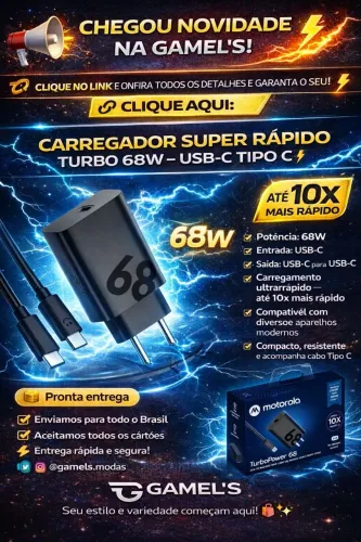 CARREGADOR SUPER RÁPIDO TURBO 68W - USB-C TIPO C