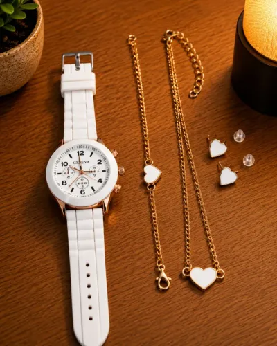 Kit Relógio Feminino Branco + Colar + Pulseira + Brincos | Elegância Completa