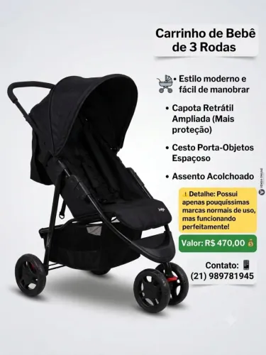 Carrinho de Bebê 3 Rodas Preto - Moderno e Super Conservado!