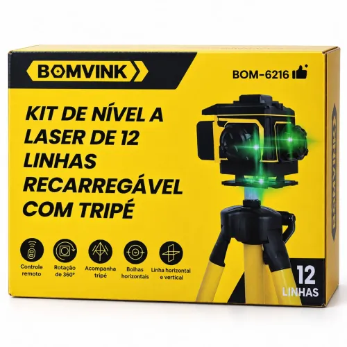 Nível a Laser Verde 12 Linhas 3x360° Bomvink BOM-6216 Recarregável com Tripé e Controle