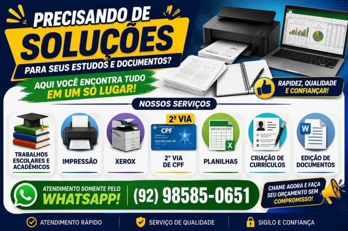 Serviços de Impressão, Xerox, Currículos e Trabalhos Escolares