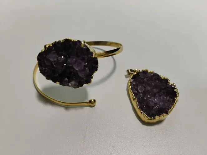 Conjunto Novo pedras naturais de Ametista Bracelete e Pingente