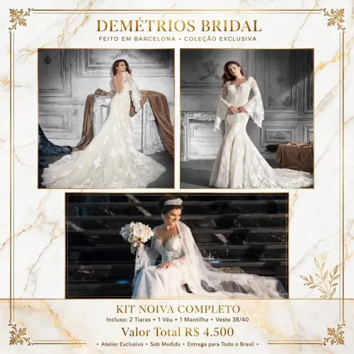 Vestido de noiva com tiaras , véu e mantilha
