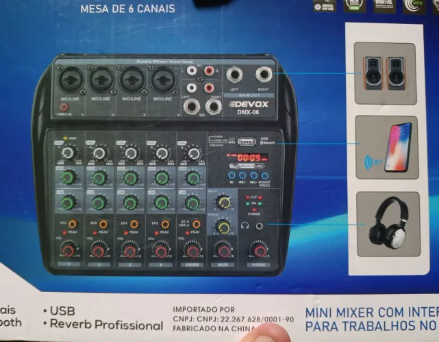 Mesa de Som Devox DMX-06 + Microfone LeSon + Cabos (Kit Completo)