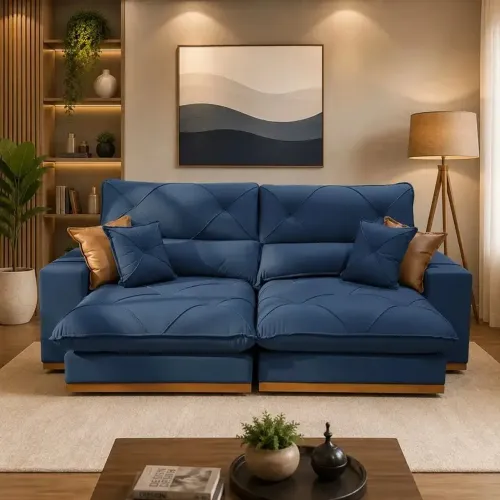 Sofá Retrátil e Reclinável Gran Bello 2,00 m Veludo Azul 07