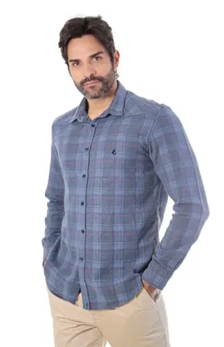 Camisa Xadrez Masculina Manga Longa Modelagem Slim Azul/Marinho/Vermelho