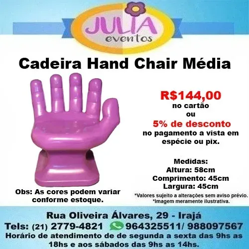 Banco Mão Médio Cadeira hand chair *Temos varias cores em estoque Julia Eventos