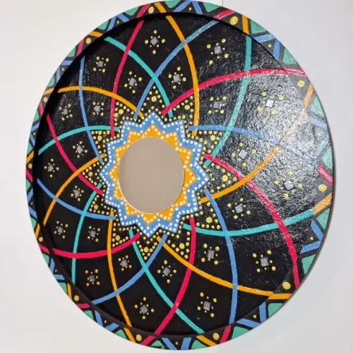 Mandala Artística Ponto De Luz 12 Pontas Mdf 6mm, Ø 30cm Colorida c/ Fundo Preto