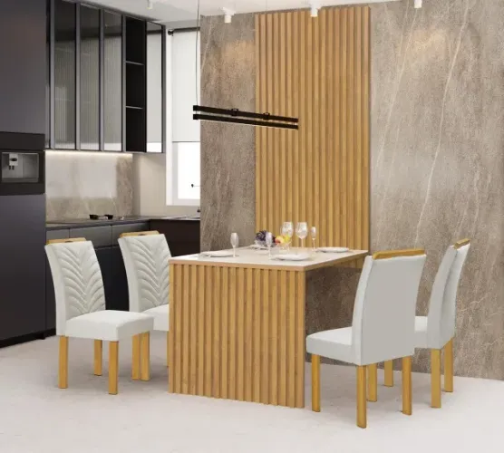 Mesa com 4 Cadeiras e Painel Ripado MDF 