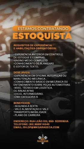 VAGA PARA ESTOQUISTA/ALMOXARIFE