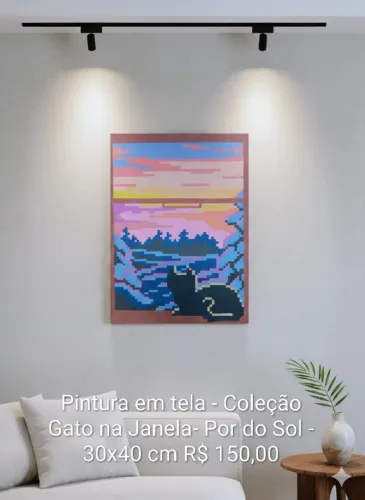 Quadro Gato Na Janela Por do Sol 
