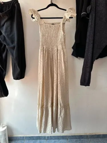 Vestido Longo Feminino Off-White / Beige Lese / Rebrodé com Linho G