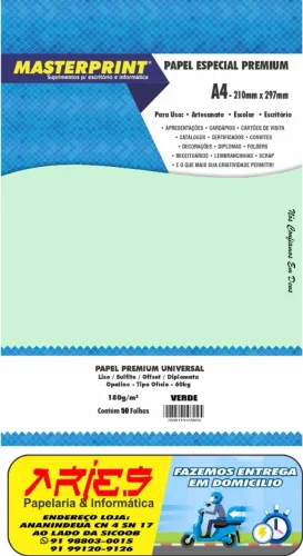 PAPEL OFFSET SULFITE OPALINE DIPLOMATA VERDE 180G MASTERPRINT A4 50 FOLHAS