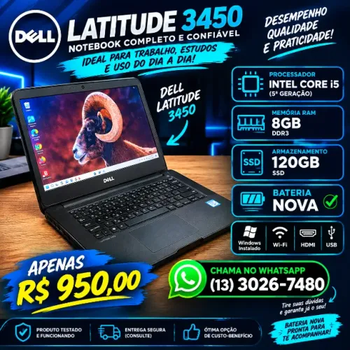 notebook dell latitude 3450, i5,8gb, ssd, bateria nova com jogos