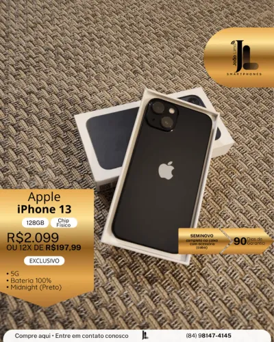 IPHONE 13, 5G, 128GB, CHIP FÍSICO, MIDNIGHT, BAT 100%, SEMINOVO, EXCLUSIVO!