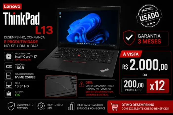 Notebook Lenovo L13 Core i7 10ª Geração 16 GB Imperdível!