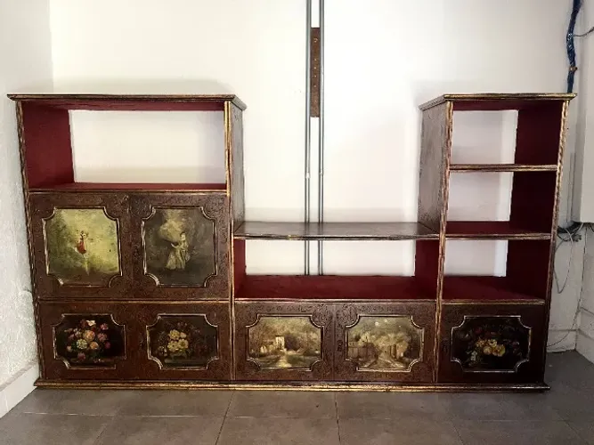 Estante de madeira maciça com pinturas a óleo, vintage para toca-discos, som, tv