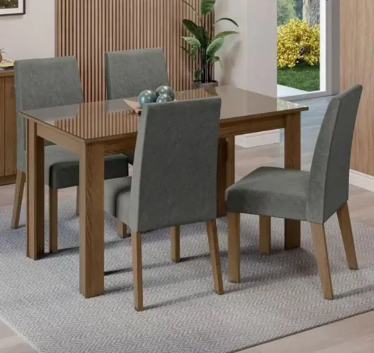 Confira Conjunto Sala de Jantar Mesa Tampo de Vidro 4 Cadeiras Rustic/Silver Celina