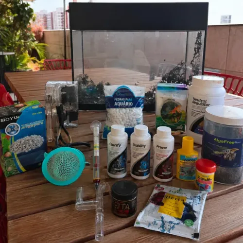 Aquário completo + filtro + termostato + produtos + acessórios