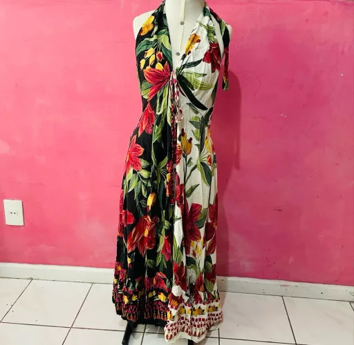 Vestido Longo Frente Única Farm Estampa Floral Dupla Bicolor - Tamanho P