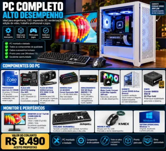 PC Gamer Workstation i9-13900K RTX 3060 12GB 32GB DDR5 + Monitor LG