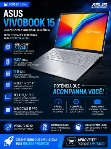 ASUS Vivobook 15 i5-1334U | 16GB RAM | SSD 1TB | 15,6" FHD | Windows 11 Pro | NOVO