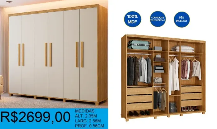 Roupeiro 100% mdf 6 portas - frete gratuito
