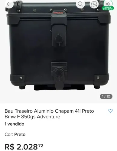 Baú top case 38 l chapam para bmw gs 850para uso somente em suporte original hs adventure 
