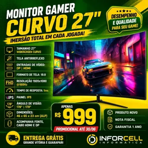 Monitor Gamer Curvo 27 BPC FullHD 180hz 1ms Hdmi Dp 