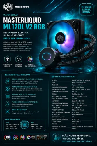 Water Cooler Cooler Master, modelo Masterliquid ML120L V2 RGB (NOVO/LACRADO!)