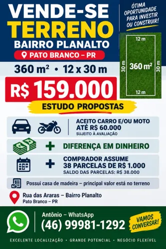 Terreno 360m² Planalto - R$159 Mil - Aceito Carro/Moto + Parcelas