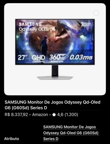SAMSUNG Monitor De Jogos Odyssey Qd-Oled G6 (G60Sd) Series D