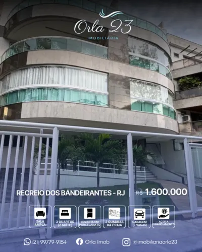 RECREIO DOS BANDEIRANTES, ORLA 23 IMOBILIÁRIA VENDE! Apartamento na 2ª quadra da praia