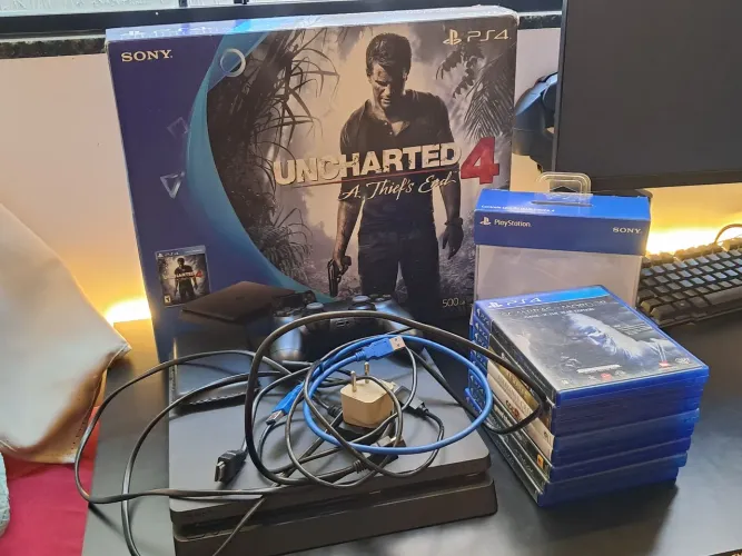PS4 Slim 500 GB + SSD Externo 1 TB + 9 Jogos + Caixa Original - Kit Completo