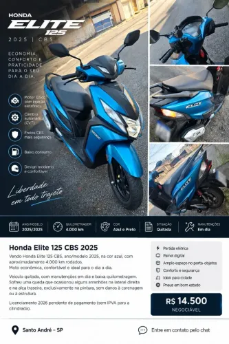 Honda Elite 125 CBS 2025 Azul - 4.000 km - Quitada