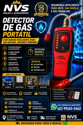 DETECTOR DE GÁS PORTÁTIL COM SENSOR INTELIGENTE PARA GÁS NATURAL, METANO E PROPANO.