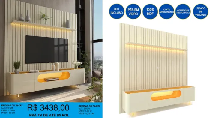 Painel + rack com led e pés em vidro - Entrega e montagem GRATIS