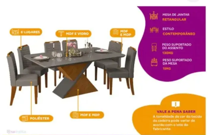 Mesa de jantar 6 cadeiras retangular cinza e lunar
