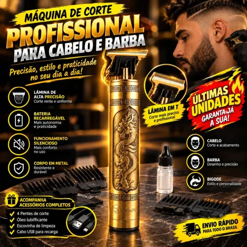 Máquina de Corte Profissional T9 Dourada - Barbeador, Aparador de Cabelo e Barba