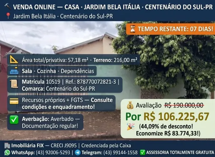 VENDA ONLINE ? CASA · JARDIM BELA ITÁLIA · CENTENÁRIO DO SUL-PR